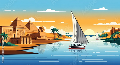 Sailing boat on serene river with ancient egyptian temple and palm trees at sunset evoking tranquility and adventure
