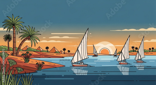 Sailing boats on a serene river with pyramids and palm trees at sunset evoking a sense of adventure and relaxation