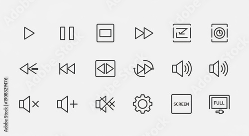 Collection of black and white media control icons for interface design and user experience on a light gray background