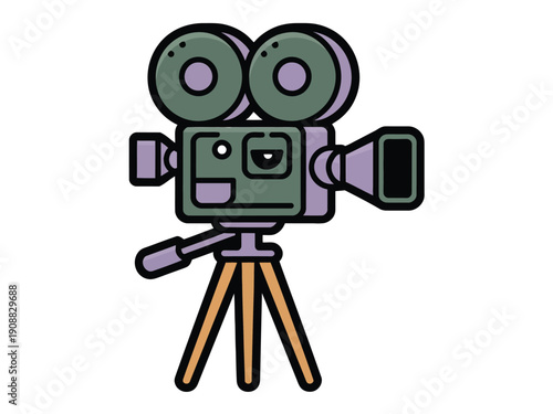 A cartoon film camera on a tripod, ready for capturing cinematic moments in a vibrant and playful style.