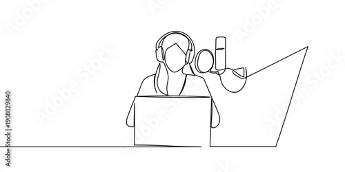 Continuous line drawing of a front view of a woman using a laptop and a microphone. single line vector illustration Editable stroke.