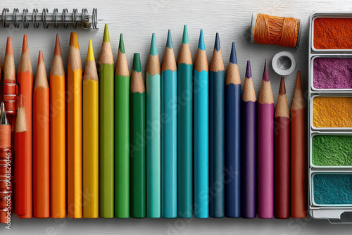 A set of art supplies neatly arranged by color scheme: colored pencils, watercolor paints, thread, and a notebook on a light wooden background. 