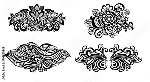 Collection of four black ornate floral designs