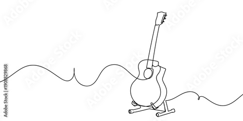 Continuous line drawing of an acoustic guitar placed on a stand. single line vector illustration Editable stroke.