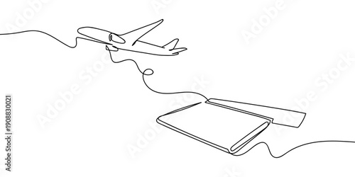 Continuous line drawing of a tourism concept: airplanes and airline tickets. single line vector illustration Editable stroke.