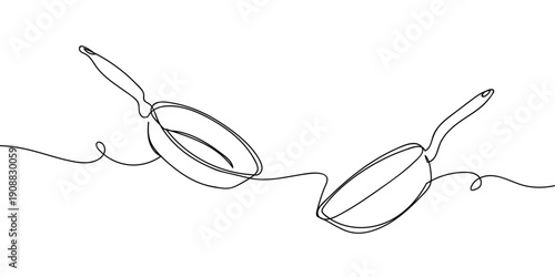 Continuous line drawing of two frying pans (concept). single line vector illustration Editable stroke.