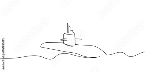 Continuous line drawing of a submarine floating on the surface of the water. single line vector illustration Editable stroke.