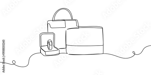 Continuous line drawing of branded handbags and jewelry. single line vector illustration Editable stroke.