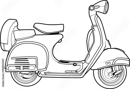 Classic Italian scooter vector outline. Retro motorbike side view. Black and white illustration for travel brochures, logos, t-shirts, and coloring books