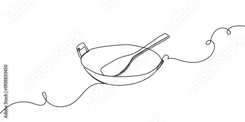 Continuous line drawing of a frying pan. single line vector illustration Editable stroke.