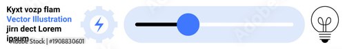 Innovation, energy efficiency, creative ideas, progress, settings adjustment, and technology. Gear, lightning bolt slider and lightbulb icons linked to energy and creative thinking. Innovation