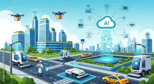 Rainy city street at night with neon signs and people holding umbrellas in futuristic urban landscape