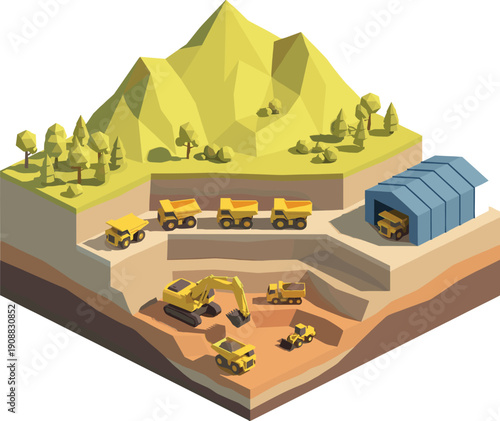Isometric mining quarry illustration with dump trucks excavator warehouse industrial landscape resource extraction heavy machinery low poly design concept