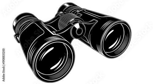 A pair of binoculars is viewed closely on a white background in a simple illustration