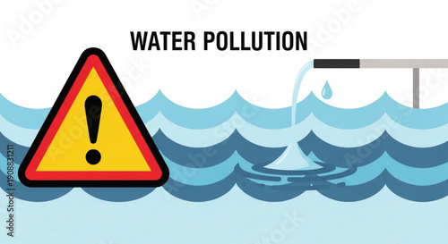 Water pollution warning sign with exclamation mark and pipe releasing waste into ocean waves on white background