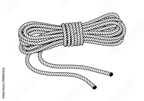 A tightly coiled rope with twisted ends lies on a surface viewed from directly above illustration