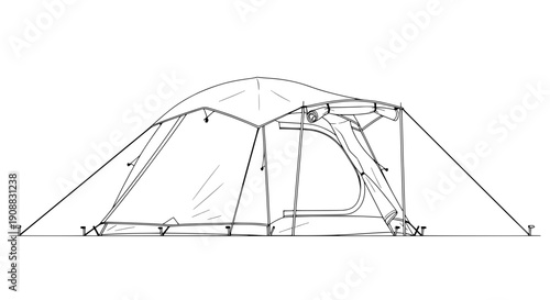 Camping tent setup in a serene outdoor environment viewed from the side perspective clearly