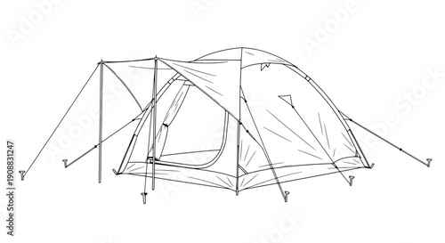 Detailed line drawing of a tent with clear structure and visible poles on a plain background