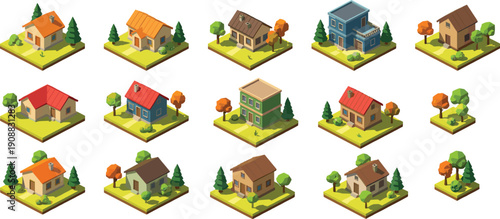 Isometric suburban houses collection illustration with trees residential architecture low poly neighborhood buildings landscape design modern real estate concept set