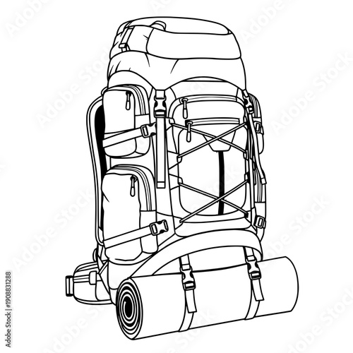 Backpack with multiple compartments and pockets, hiking gear, outdoor adventure equipment, isolated on white background, detailed illustration