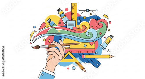 Creative hand drawing with colorful art supplies and tools symbolizing imagination and design
