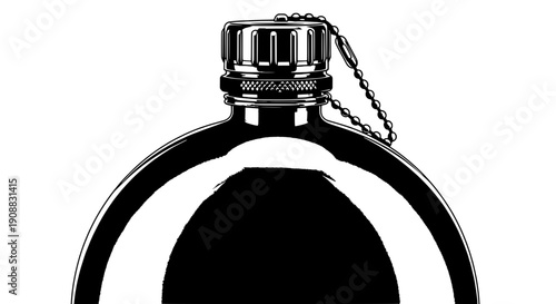 Black and white illustration of flask with chain on white background viewed from front