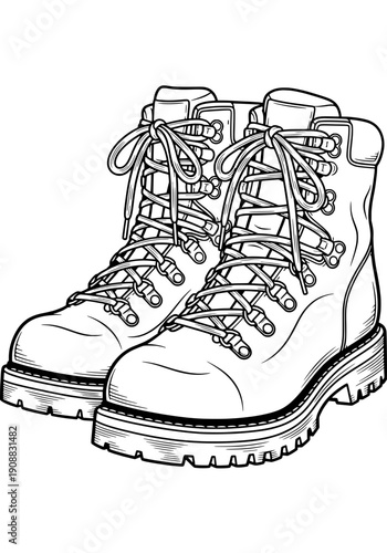 Illustration of hiking boots with laces and rugged soles standing ready for adventure outdoors