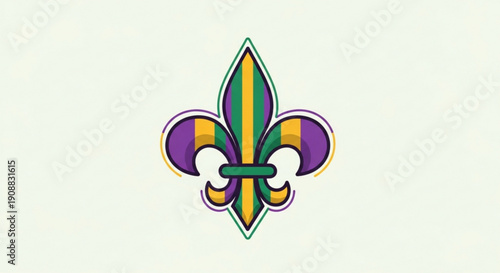 Colorful fleur de lis symbol with purple yellow green and white hues on light background