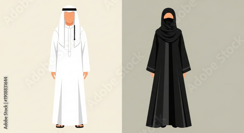 Traditional emirati man and woman in white kandura and black abaya with niqab standing isolated on beige background