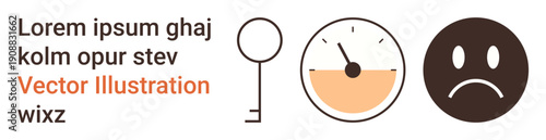 Access, performance, emotions, security, evaluation, user experience. A key, a speedometer and a sad face . Access and performance visualization and emotional user experience idea