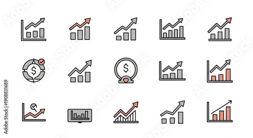 Business growth chart and analytics icon set – financial performance line and bar graph vector collection