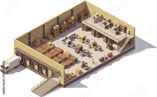 Isometric warehouse interior illustration with forklift pallets boxes storage racks logistics distribution industrial facility low poly supply chain concept design