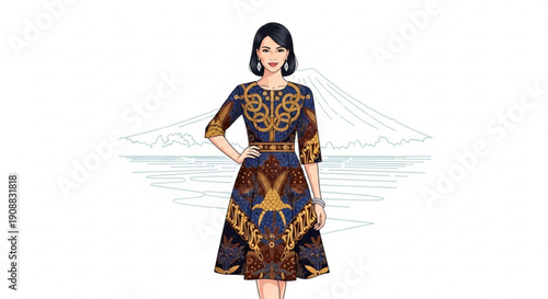 Woman wearing elegant dress with vibrant pattern standing confidently in front of mountain landscape