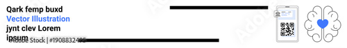 QR code payments, tech advancements, digital transformation, smart devices, mental awareness, innovation. Smartphone displaying QR code and digital brain-heart icon. QR code technology and tech