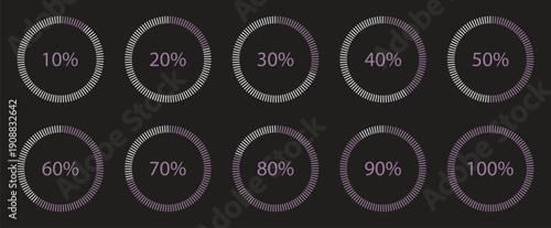  Circle percentage pie chart diagram. Round diagrams icons for infographics from 0 to 100 percent. Download display. Vector illustration .  