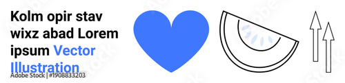 Health, wellness, navigation, communication, love, positivity. Blue heart, black-and-white semicircle and upward arrows. Health and wellness concept emphasizing love and navigation