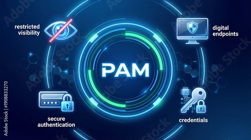PAM acronym, privileged access management sytem concept, software is a cybersecurity solution designed to secure and manage privileged accounts within an organization. abstract technology background