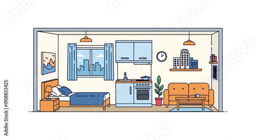 Apartment interior illustration modern living space with furniture and city view