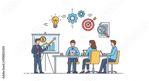Business presentation illustration with team discussing financial growth and strategy