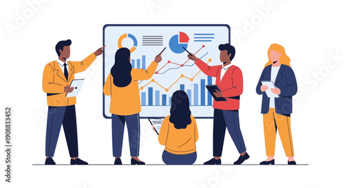 Business professionals analyzing charts and graphs team meeting vector illustration