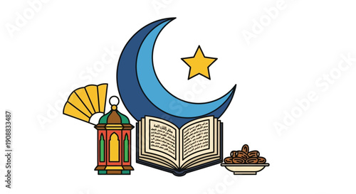 Islamic symbols crescent moon star fan lantern and open book illustration