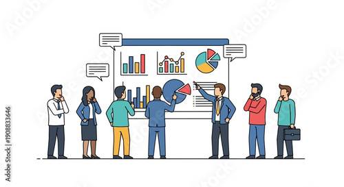 Business presentation illustration with charts and graphs on a whiteboard