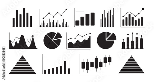 Data visualization set with bar charts pie diagrams area graphs and pyramid representations