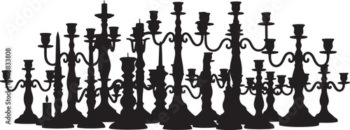 Silhouette of multiple candelabras on white background in row
