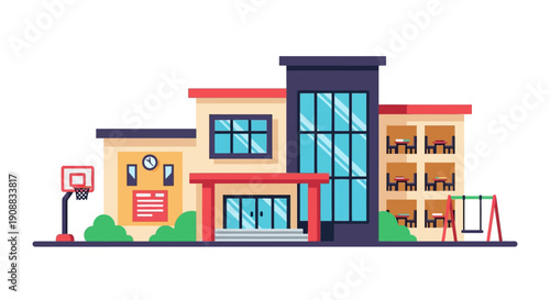 Modern school building illustration with playground equipment and basketball hoop