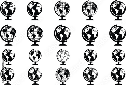 Black and white vector set of earth globe icons, desk world maps, geography education symbols, and global navigation planet silhouettes.