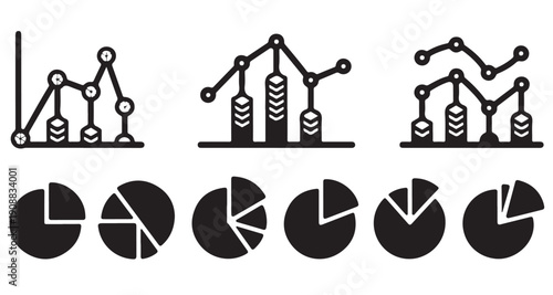 Collection of pie chart icons in various styles and segmentations for data representation analysis