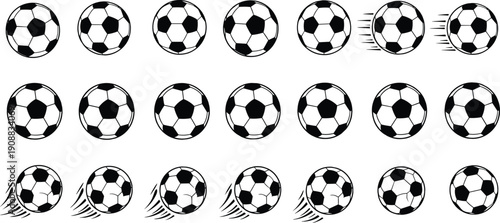 Black and white vector set of soccer ball icons, football silhouettes with motion speed lines, sports game equipment graphic elements.