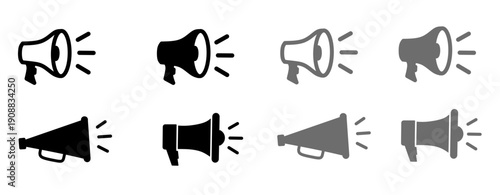 Megaphone icon set featuring various styles of bullhorns and loudspeakers for communication, broadcast, and alert design. Vector illustration of megaphone icon set