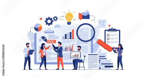 Team analyzing data and reports with magnifying glass and graphs